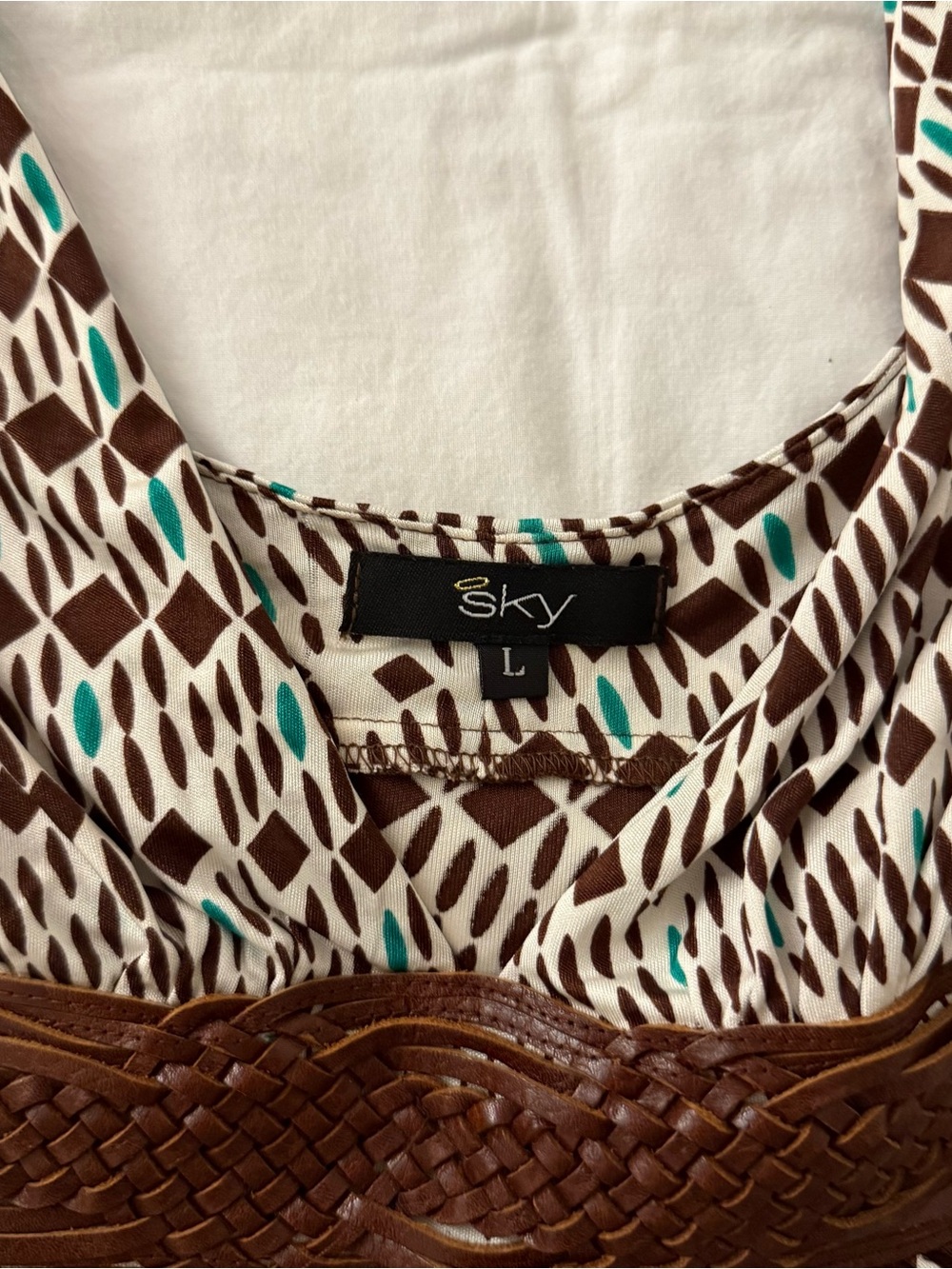 Y2K Sky 100 Percent Silk Geometric Boho Blouse Empire Waist Kimono Sleeve Top L - Picture 2 of 6